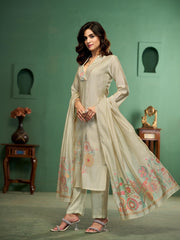 Botanical Strokes Beige Viscose Cotton Stitched Suit Sets